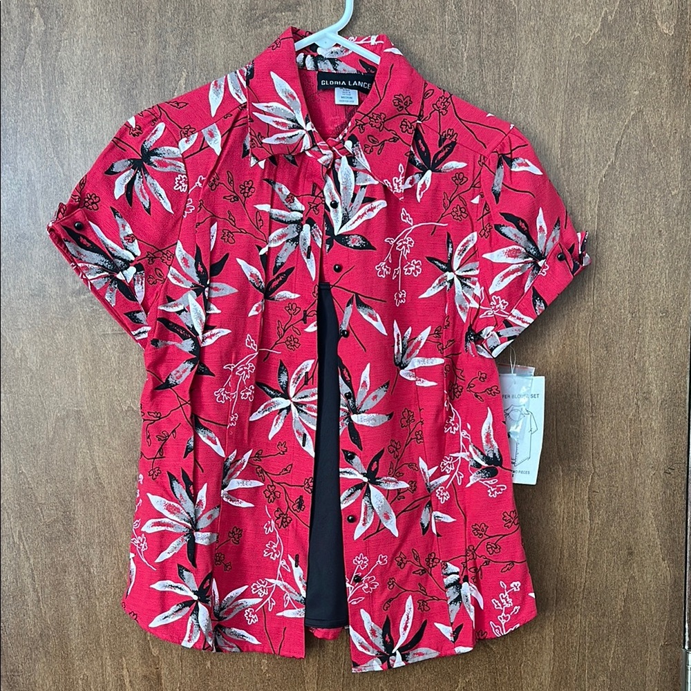 NWT Vintage Gloria Lance Red Floral Button-Up Blouse with Built-In Tank Top